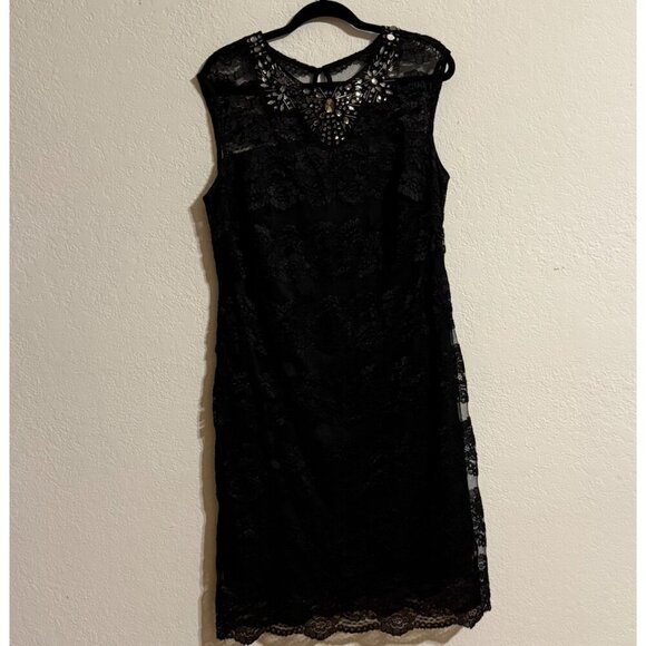 Black Sleeveless Lace Dress With Rhinestone Embellished Neckline - Picture 4 of 4